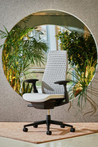 An ergonomic office chair in front of a circular window filled with greenery and natural light